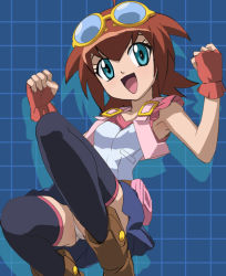 Rule 34 | 00s, 1girl, :d, amano madoka, ankle boots, armpits, belt, belt pouch, beyblade, black thighhighs, blue background, blue eyes, boots, breasts, brown hair, buckle, buttons, checkered background, clenched hands, crop top, fingerless gloves, gloves, goggles, goggles on head, haruyama kazunori, looking at viewer, metal fight beyblade, miniskirt, open clothes, open mouth, open vest, panties, pantyshot, pouch, puffy short sleeves, puffy sleeves, shadow, shirt, short sleeves, skirt, small breasts, smile, solo, spiked hair, squatting, thighhighs, underwear, upskirt, vest, white panties