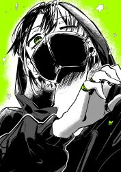 Rule 34 | 1girl, absurdres, commentary, ear piercing, green background, green eyes, hair between eyes, hand up, highres, hood, hood up, hoodie, jewelry, kininatteru hito ga otoko ja nakatta, koga mitsuki, looking at viewer, mask, mouth mask, multiple rings, one eye closed, partially colored, piercing, portrait, raven mido, ring, solo