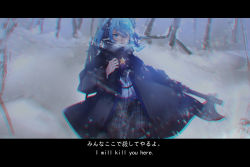 Rule 34 | absurdres, axe, beret, blood on axe, blue eyes, blue hair, chromatic aberration, coat, cowboy shot, english text, grey hat, gun, gun on back, hair over one eye, hair ribbon, hat, highres, hololive, hoshimachi suisei, hoshimachi suisei (1st costume), letterboxed, msakuyascarlet, open mouth, plaid, plaid skirt, project winter, ribbon, rifle, side ponytail, skirt, smile, sniper rifle, snow, solo, subtitled, virtual youtuber, weapon, weapon on back