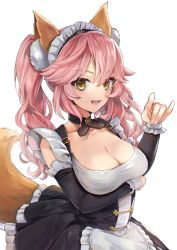 Rule 34 | 1girl, animal ears, breasts, cleavage, collarbone, dress, fangs, fate/grand order, fate (series), fox shadow puppet, frilled dress, frills, hane yuki, highres, large breasts, looking at viewer, maid, medium hair, official alternate costume, open mouth, smile, solo, tail, tamamo (fate), tamamo no mae (fate/extra), tamamo no mae (tailmaid strike) (fate), twintails, wavy hair
