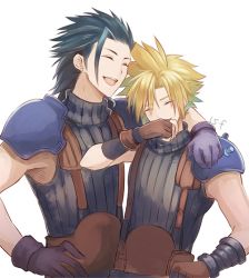 Rule 34 | 2boys, arm around shoulder, armor, belt, black hair, blonde hair, blue shirt, cloud strife, closed eyes, final fantasy, final fantasy vii, gloves, hair between eyes, hair slicked back, hand on own hip, hand to own mouth, laughing, male focus, medium hair, multiple boys, open mouth, sasanomesi, shirt, short hair, shoulder armor, sleeveless, sleeveless turtleneck, smile, spiked hair, square enix, suspenders, turtleneck, upper body, white background, zack fair