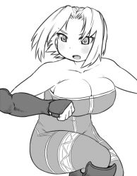Rule 34 | 1girl, bare shoulders, blush, boots, breasts, cleavage, female focus, final fantasy, final fantasy tactics, frown, gauntlets, greyscale, large breasts, monk, monk (fft), monochrome, short hair, simple background, solo, tsukudani (coke-buta), unitard, white background