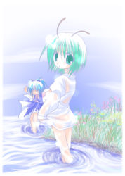 Rule 34 | 2girls, ^ ^, antennae, bottomless, cirno, closed eyes, closed eyes, female focus, from behind, looking back, multiple girls, naked shirt, nature, no panties, outstretched arms, shirt, sky, spread arms, touhou, wading, water, wet, wriggle nightbug