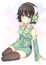 Rule 34 | 1girl, bare shoulders, black hair, black thighhighs, blush, closed mouth, collared shirt, commentary request, detached sleeves, dress shirt, full body, green eyes, green jacket, green skirt, headset, highres, jacket, kyoumachi seika, looking at viewer, necktie, on floor, pencil skirt, red necktie, shirt, short hair, simple background, sitting, skirt, skirt set, sleeveless, sleeveless jacket, sleeveless shirt, smile, solo, sumikaze, thighhighs, voiceroid, white shirt, zettai ryouiki