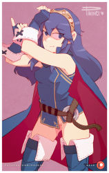 Rule 34 | 1girl, adjusting clothes, adjusting gloves, artist name, blue eyes, blue gloves, blue hair, boots, cape, eyes visible through hair, fingerless gloves, fire emblem, fire emblem awakening, gloves, gluteal fold, long hair, looking at viewer, lucina (fire emblem), nintendo, no panties, no pants, phinci, pink background, pussy juice, pussy juice trail, sleeveless, smile, solo, thigh boots, thighhighs, tiara, uncensored