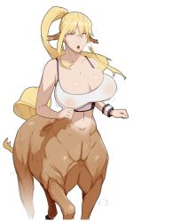 Rule 34 | 1girl, animal ears, bare arms, bare shoulders, blonde hair, bottomless, bouncing breasts, breasts, centaur, centorea shianus, cleavage, covered erect nipples, crossed bangs, exercising, hair between eyes, heavy breathing, highres, horse ears, horse tail, huge breasts, long hair, looking at viewer, materclaws, monster girl, monster musume no iru nichijou, motion lines, parted lips, ponytail, purple eyes, running, signature, simple background, solo, sports bra, tail, taur, unaligned breasts, white background