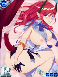 Rule 34 | 1girl, armlet, ass, bar censor, black gloves, blush, border, bow, bowtie, breasts, capelet, censored, clothing cutout, copyright request, curtains, demon girl, demon tail, earrings, gloves, half gloves, heart, heart cutout, horns, jewelry, large breasts, legs, long hair, looking at viewer, lying, nipples, on side, parted lips, pointy ears, purple eyes, pussy, red hair, shiny skin, smile, solo, tail, thighs