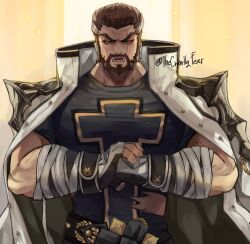 Rule 34 | 1boy, bara, beard, dnf duel, dungeon and fighter, facial hair, fist in hand, frown, highres, large pectorals, looking at viewer, male focus, male priest (dungeon and fighter), mature male, muscular, muscular male, pectorals, priest, saint (dungeon and fighter), shirt, solo, straight-on, thecrawlingfear, thick beard, thick eyebrows, torn clothes, torn shirt, tsurime