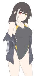 Rule 34 | 1girl, black hair, black jacket, black one-piece swimsuit, breasts, collarbone, commentary, competition swimsuit, covered navel, cowboy shot, english commentary, expressionless, girls&#039; frontline, gotoo, grey hair, groin, heterochromia, highleg, highleg swimsuit, highres, jacket, long hair, looking at viewer, medium breasts, multicolored hair, one-piece swimsuit, open clothes, open jacket, red eyes, ro635 (girls&#039; frontline), simple background, solo, standing, streaked hair, swimsuit, swimsuit under clothes, thighs, white background, yellow eyes