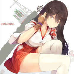 Rule 34 | 10s, 1girl, akagi (kancolle), arrow (projectile), breasts, brown eyes, brown hair, cleavage, gloves, hakama, hakama short skirt, hakama skirt, japanese clothes, kantai collection, large breasts, long hair, looking at viewer, machinery, partially fingerless gloves, partly fingerless gloves, quiver, sitting, skirt, smile, solo, sts, thighhighs, twitter username, white thighhighs, yugake, zettai ryouiki