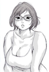 1girl breasts camisole cleavage collarbone freckles glasses greyscale large_breasts lips messy_hair millefeuille monochrome original parted_lips plump short_hair sketch solo upper_body