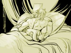 Rule 34 | 2boys, dio brando, jojo no kimyou na bouken, lying, lying on person, male focus, merumeru626, monochrome, multiple boys, muscular, muscular male, on stomach, pillow, stand (jojo), stardust crusaders, the world, topless male, under covers