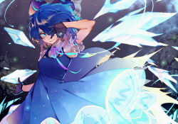 Rule 34 | 1girl, armband, blue eyes, blue hair, bow, cirno, commentary request, dress, gloves, glowing, hair bow, hair over one eye, hand up, ice, ice wings, march ab, ribbon, shirt, short hair, short sleeves, solo, touhou, upper body, white shirt, wings