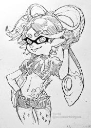 Rule 34 | 1girl, callie (splatoon), choker, closed mouth, crop top, cross-shaped pupils, earrings, food, food on head, gloves, greyscale, hand on own hip, hand up, highleg, highleg panties, inkling, isamu-ki (yuuki), jewelry, long hair, mole, mole under eye, monochrome, navel, nintendo, object on head, panties, pantyhose, pantyhose under shorts, pointy ears, puffy short sleeves, puffy sleeves, short shorts, short sleeves, shorts, simple background, smile, solo, spiked choker, spiked shorts, spikes, splatoon (series), splatoon 2, stomach tattoo, suction cups, symbol-shaped pupils, tattoo, tentacle hair, tongue, tongue out, traditional media, twitter username, underwear, white background