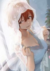 Rule 34 | 1girl, :d, absurdres, akito (d30n26), bare shoulders, blue dress, blush, breasts, bridal veil, brown eyes, brown hair, cleavage, collarbone, commentary request, curtains, day, dress, from side, hair between eyes, highres, indoors, large breasts, looking at viewer, looking to the side, nagi (akito), open mouth, original, short hair, sleeveless, sleeveless dress, smile, solo, upper body, veil, window