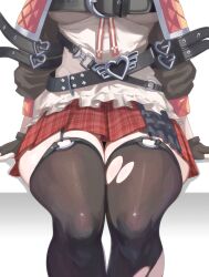 Rule 34 | 1girl, belt, black belt, black gloves, black thighhighs, camisole, dalcom, dated commentary, gloves, head out of frame, heart, highres, hololive, legs, red skirt, sakamata chloe, sakamata chloe (1st costume), sitting, skirt, solo, thigh focus, thighhighs, thighs, torn clothes, torn thighhighs, virtual youtuber, white background