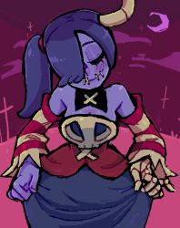 Rule 34 | 1girl, blue hair, blue skin, closed eyes, colored skin, curtsey, detached collar, dress, hair over one eye, mercysstrap, purple background, side ponytail, skeletal arm, skullgirls, smile, squigly (skullgirls), stitched mouth, stitches, zombie