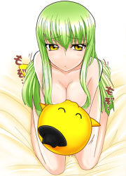 Rule 34 | 00s, 1girl, bed sheet, blush, breasts, c.c., cheese-kun, cleavage, code geass, collarbone, completely nude, green hair, kneeling, large breasts, long hair, looking at viewer, nude, hugging object, pillow, pillow hug, pizza hut, sidelocks, smiley face, solo, urokozuki, very long hair, yellow eyes