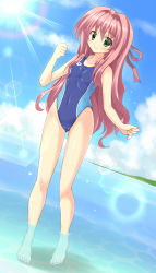 Rule 34 | 1girl, arena (company), barefoot, blue one-piece swimsuit, collarbone, competition swimsuit, green eyes, hair intakes, hizuki aki, logo, one-piece swimsuit, original, outdoors, partially submerged, pink hair, pixiv robot wars gaia, smile, soaking feet, solo, standing, swimsuit, wading, water, zanshomimai