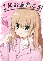 Rule 34 | 1girl, 2023, 7 calpis 7, blush, brown hair, closed mouth, coat, commentary request, earrings, green eyes, hair between eyes, hand up, heart, jewelry, long hair, long sleeves, looking at viewer, nail polish, original, pink background, pink coat, purple nails, ribbed sweater, smile, solo, sweater, translation request, turtleneck, turtleneck sweater, two-tone background, white background, white sweater