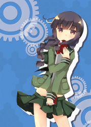 Rule 34 | 1girl, bare legs, black hair, blue background, braid, braided ponytail, brown eyes, closed mouth, commentary request, eyes visible through hair, gears, green jacket, green neckerchief, holding, holding torpedo, jacket, kantai collection, kitakami (kancolle), kurata yumi, light, long hair, long sleeves, looking at viewer, midriff peek, neckerchief, pocket, sidelocks, skirt hold, solo, torpedo, wind, wind lift