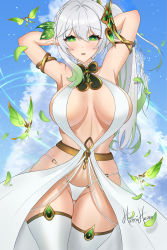 Rule 34 | 1girl, aged up, alternate costume, amettai, armlet, armpits, arms behind head, belt, bikini, bikini bottom only, blue sky, blurry, breasts, bug, butterfly, cleavage, cloud, cloudy sky, commentary, depth of field, english commentary, genshin impact, gradient hair, green eyes, groin, hair between eyes, hair ornament, highres, insect, large breasts, long hair, looking at viewer, midriff, multicolored hair, nahida (genshin impact), parted lips, pointy ears, side ponytail, sidelocks, sky, sleeveless, swimsuit, symbol-shaped pupils, thighhighs, white hair, white thighhighs
