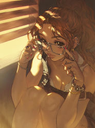 Rule 34 | 1girl, 2019, adjusting eyewear, bangle, bracelet, breasts, brown eyes, brown hair, cleavage, dappled sunlight, ear piercing, earrings, eyebrows, glasses, grey-framed eyewear, highres, jewelry, knees to chest, light brown hair, lips, long hair, looking at viewer, medium breasts, morry, nail polish, nose, original, overalls, piercing, ponytail, ring, signature, sitting, sleeveless, solo, strap slip, sunlight, symbol-shaped pupils, window, window blinds, window shutter