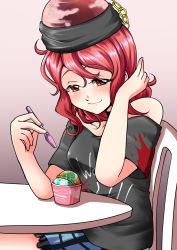 Rule 34 | 1girl, black hat, black shirt, chain, chair, choker, clothes writing, commentary request, cowboy shot, food, frilled skirt, frills, gold chain, hair between eyes, hat, hecatia lapislazuli, highres, ice cream, looking at viewer, off-shoulder shirt, off shoulder, plaid, plaid skirt, purple background, red eyes, red hair, shirt, sitting, skirt, smile, solo, spoon, table, touhou, verta (verlaine)