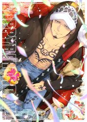 Rule 34 | 1boy, black coat, black hair, cake, chest tattoo, coat, confetti, couch, denim, earrings, facial hair, food, from above, gift, hand tattoo, happy birthday, hat, highres, holding, holding gift, holding sheath, hood, hood up, jeans, jewelry, male focus, nedoko ym, one piece, open clothes, open coat, pants, shade, sheath, sheathed, smile, solo, tattoo, trafalgar law, yellow eyes