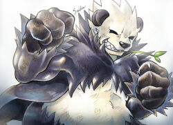 Rule 34 | artist name, black eyes, clenched hand, creatures (company), fullmofsuika, game freak, gen 6 pokemon, grin, highres, looking at viewer, mouth hold, nintendo, no humans, pangoro, pokemon, pokemon (creature), smile, solo, standing, teeth