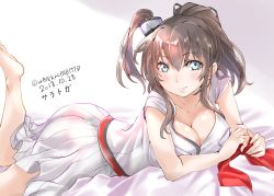 Rule 34 | 1girl, ass, barefoot, blue eyes, breast pocket, breasts, brown hair, character name, cleavage, dated, dress, feet out of frame, gradient background, hair between eyes, kantai collection, large breasts, lying, unworn neckerchief, on stomach, open clothes, pocket, ponytail, red neckwear, saratoga (kancolle), side ponytail, sidelocks, smile, smokestack, solo, tororo ten, twitter username, white dress