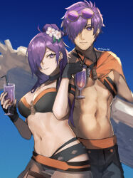 Rule 34 | 1boy, 1girl, abs, bikini, black bikini, breasts, cape, choker, cleavage, closed mouth, commentary, commentary request, fire emblem, fire emblem: three houses, fire emblem heroes, fire emblem warriors: three hopes, hair bun, hair over one eye, highres, large breasts, long hair, looking at viewer, nintendo, official alternate costume, purple eyes, purple hair, seinikuten, shez (female) (fire emblem), shez (female) (summer) (fire emblem), shez (fire emblem), shez (male) (fire emblem), shez (male) (summer) (fire emblem), short hair, simple background, single hair bun, smile, swimsuit, topless male