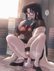 Rule 34 | 1girl, black-framed eyewear, black footwear, black hair, black skirt, blush, book, book stack, breasts, censored, clitoral stimulation, clothed masturbation, clothes lift, commission, covering own mouth, dildo, dildo riding, female masturbation, flats, glasses, hair intakes, hanjuku choco-pai, heavy breathing, highres, holding, holding book, indoors, large breasts, long hair, long skirt, m legs, masturbation, mosaic censoring, necktie, object insertion, panties, panties around leg, parted bangs, pussy, pussy juice, read or die, red necktie, sex toy, skeb commission, skirt, skirt lift, sleeves past wrists, solo, speech bubble, spread legs, squatting, suction cup dildo, translation request, underwear, vaginal, vaginal object insertion, waistcoat, yomiko readman