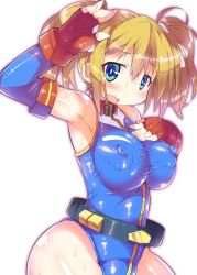 Rule 34 | 1girl, armpits, bare shoulders, belt, blonde hair, blue eyes, blue leotard, blush, breasts, collared leotard, commentary request, covered erect nipples, elbow pads, fingerless gloves, gloves, gundam, gundam card builder, highleg, highleg leotard, kanibasami, large areolae, large breasts, leotard, looking at viewer, open mouth, reiko holinger, short hair, skin tight, sleeveless, solo, thighs, twintails, white background