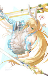 Rule 34 | 1girl, absurdres, ahoge, anger vein, animal ears, argyle, argyle clothes, argyle legwear, artoria caster (fate), artoria caster (swimsuit) (fate), artoria caster (swimsuit) (second ascension) (fate), artoria pendragon (fate), bare shoulders, blonde hair, blue dress, blue thighhighs, blush, breasts, dress, fake animal ears, fate/grand order, fate (series), green eyes, hairband, highres, long hair, looking at viewer, minoe08, pout, puffy short sleeves, puffy sleeves, rabbit ears, short sleeves, skirt, small breasts, solo, striped clothes, striped thighhighs, sword, thighhighs, twintails, weapon, white skirt