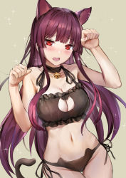 Rule 34 | 1girl, animal ears, bell, black panties, blush, bra, breasts, cat cutout, cat ear panties, cat ears, cat lingerie, choker, cleavage, cleavage cutout, clothing cutout, commentary request, girls&#039; frontline, himonoata, jingle bell, large breasts, long hair, looking at viewer, meme attire, navel, neck bell, panties, purple hair, red eyes, ribbon, side-tie panties, solo, tail, thighs, underwear, underwear only, very long hair, wa2000 (girls&#039; frontline)