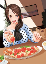 Rule 34 | 1girl, brown eyes, brown hair, dutch angle, feeding, flower, food, hair flower, hair ornament, happy, incoming food, indoors, looking at viewer, nail polish, nanahime, original, photo (object), plant, plate, polka dot, pov, pov feeding, revision, smile, solo, table, vegetable