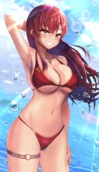 Rule 34 | 1girl, absurdres, arm behind head, arm up, armpits, bikini, blue sky, blush, breasts, cleavage, cloud, cowboy shot, day, floating hair, grin, heart, heart necklace, heterochromia, highres, hololive, houshou marine, houshou marine (summer), jewelry, large breasts, long hair, navel, necklace, ocean, outdoors, raizero, red bikini, red eyes, red hair, skindentation, sky, smile, solo, stomach, sunlight, swimsuit, teeth, thigh strap, thighs, virtual youtuber, water, wet, yellow eyes