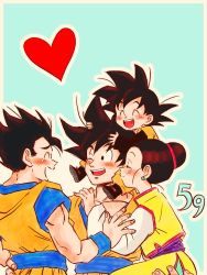 Rule 34 | 1girl, 3boys, ;d, ^ ^, aqua background, black hair, blush, border, brothers, carrying, chi-chi (dragon ball), child, china dress, chinese clothes, closed eyes, dougi, dragon ball, dragonball z, dress, earrings, family, father and son, fingernails, hair bun, hand on another&#039;s shoulder, hands on another&#039;s head, happy, happy tears, heart, jewelry, looking at another, mother and son, multiple boys, one eye closed, open mouth, outline, pectorals, profile, shoulder carry, siblings, simple background, single hair bun, smile, son gohan, son goku, son goten, sora (happygreencandy), tears, teeth, upper body, white border, white outline, yellow dress