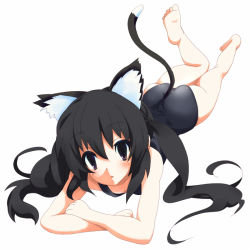 Rule 34 | 00s, 1girl, animal ears, ass, barefoot, black hair, cat ears, cat girl, cat tail, feet, female focus, full body, k-on!, long hair, lying, nakano azusa, on stomach, one-piece swimsuit, red eyes, school swimsuit, simple background, slit pupils, solo, sora to umi, swimsuit, tail, twintails, white background