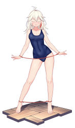 Rule 34 | 1girl, absurdres, ahoge, arms at sides, bare legs, bdsm, blue one-piece swimsuit, blush, bondage, bound, breasts, chinese commentary, closed eyes, collarbone, commentary request, covered navel, floor, gluteal fold, hair between eyes, highres, lightning ahoge, long hair, medium breasts, multicolored hair, navel, one-piece swimsuit, open mouth, original, red hair, restrained, rope, scar, scar on face, school swimsuit, sidelocks, signature, silver hair, simple background, solo, standing, streaked hair, swimsuit, toes, white background, xiaoxi0619