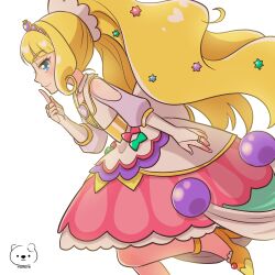 Rule 34 | 1girl, big hair, blonde hair, blue eyes, bridal gauntlets, brooch, choker, cure finale, delicious party precure, dress, heart, heart brooch, high heels, index finger raised, jewelry, kasai amane, long hair, magical girl, medium dress, moro precure, precure, sidelocks, sparkle hair ornament, tiara, white background, white choker, wide ponytail