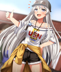 Rule 34 | 1girl, absurdres, azur lane, black hat, black shorts, blurry, blurry background, bra strap, cabbie hat, clothes around waist, commentary request, cowboy shot, cutoffs, day, denim, denim shorts, depth of field, enterprise (anniversary ride) (azur lane), enterprise (azur lane), eyewear on headwear, grey eyes, grey hair, hand on own hip, hat, highres, jacket, jacket around waist, jewelry, long hair, necklace, notice lines, off-shoulder shirt, off shoulder, official alternate costume, open mouth, outdoors, partial commentary, print shirt, shirt, short sleeves, shorts, smile, solo, standing, sunglasses, t-shirt, thumbs up, very long hair, white shirt, yellow jacket, zanntetu