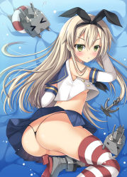 Rule 34 | 10s, 1girl, anchor, ass, bad id, bad pixiv id, black panties, blonde hair, blush, breasts, crop top, crop top overhang, elbow gloves, gloves, green eyes, hairband, hanahanamaki, highres, kantai collection, lifebuoy, long hair, looking at viewer, midriff, panties, pantyshot, rensouhou-chan, shimakaze (kancolle), shiny skin, skirt, small breasts, striped clothes, striped thighhighs, swim ring, thighhighs, thong, underboob, underwear, upskirt