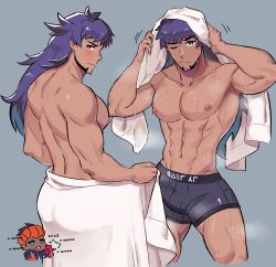 Rule 34 | 2boys, abs, absurdres, ass, black boxer briefs, black male underwear, blush, boxer briefs, bulge, chibi, chibi inset, closed mouth, collarbone, commentary, creatures (company), dark-skinned male, dark skin, facial hair, game freak, gen 4 pokemon, hands up, highres, holding, holding towel, leon (pokemon), long hair, looking at viewer, looking back, male focus, male underwear, milkiato, multiple boys, multiple views, muscular, navel, nintendo, nipples, one eye closed, pectorals, pokemon, pokemon (creature), pokemon swsh, purple hair, raihan (pokemon), rotom, rotom phone, towel, towel around waist, towel on head, underwear, wavy mouth, wet, white towel
