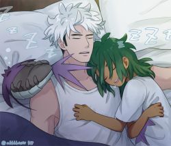 Rule 34 | 2boys, bare arms, black hair, closed eyes, collarbone, commentary request, creatures (company), dark-skinned male, dark skin, drooling, game freak, gen 7 pokemon, green hair, grey hair, guzma (pokemon), hau (pokemon), head on pillow, lying, male focus, multicolored hair, multiple boys, nintendo, on back, open mouth, pillow, pokemon, pokemon (creature), pokemon sm, saliva, sewenan, shirt, short sleeves, sleeping, t-shirt, tank top, teeth, tongue, two-tone hair, under covers, wimpod, zzz