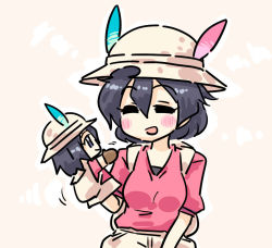 Rule 34 | 10s, 1girl, :d, ^ ^, backpack, bag, black hair, blush, bucket hat, closed eyes, hair between eyes, hand puppet, hat, hat feather, kaban (kemono friends), kemono friends, open mouth, pink shirt, puppet, seki (red shine), shirt, short hair, smile, solo, upper body, white hat