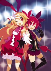 Rule 34 | &gt;;d, 2girls, ;d, barefoot, black gloves, black legwear, blonde hair, demon tail, disgaea, disgaea d2, dress, earrings, etna (disgaea), fang, flonne, flonne (fallen angel), gloves, hair ribbon, harada takehito, idol, jewelry, long hair, microphone, multiple girls, navel, nippon ichi, official art, one eye closed, open mouth, pleated skirt, pointy ears, red eyes, red hair, ribbon, skirt, smile, tail, thighhighs, twintails, v-shaped eyebrows, very long hair, white gloves, wink