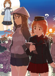 Rule 34 | 0 0, 5girls, ?, aki (girls und panzer), alternate costume, black headwear, black jacket, blue headwear, blue jacket, blue skirt, blunt bangs, brown eyes, brown hair, bt-42, clipboard, closed mouth, commentary request, dress shirt, flying, garrison cap, girls und panzer, hands in pockets, hat, head rest, holding, holding clipboard, imagining, insignia, jacket, keizoku military uniform, kuromorimine military uniform, long hair, long sleeves, looking at another, mika (girls und panzer), mikko (girls und panzer), military, military hat, military uniform, military vehicle, miniskirt, motor vehicle, mountain, multiple girls, nishizumi miho, outdoors, pleated skirt, raglan sleeves, red shirt, red skirt, shirt, short hair, sitting, skirt, smile, standing, sunset, tank, thought bubble, track jacket, tsuru (clainman), tulip hat, twintails, uniform, wing collar, zipper
