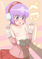Rule 34 | !, 10s, 1girl, :o, assisted exposure, bad id, bad pixiv id, blush, breasts, clothes pull, danball senki, earmuffs, flat chest, highres, kawamura ami, nipples, open mouth, purple eyes, purple hair, see-through, shirt pull, short hair, skirt, small breasts, toorunosuke, translation request, transparent
